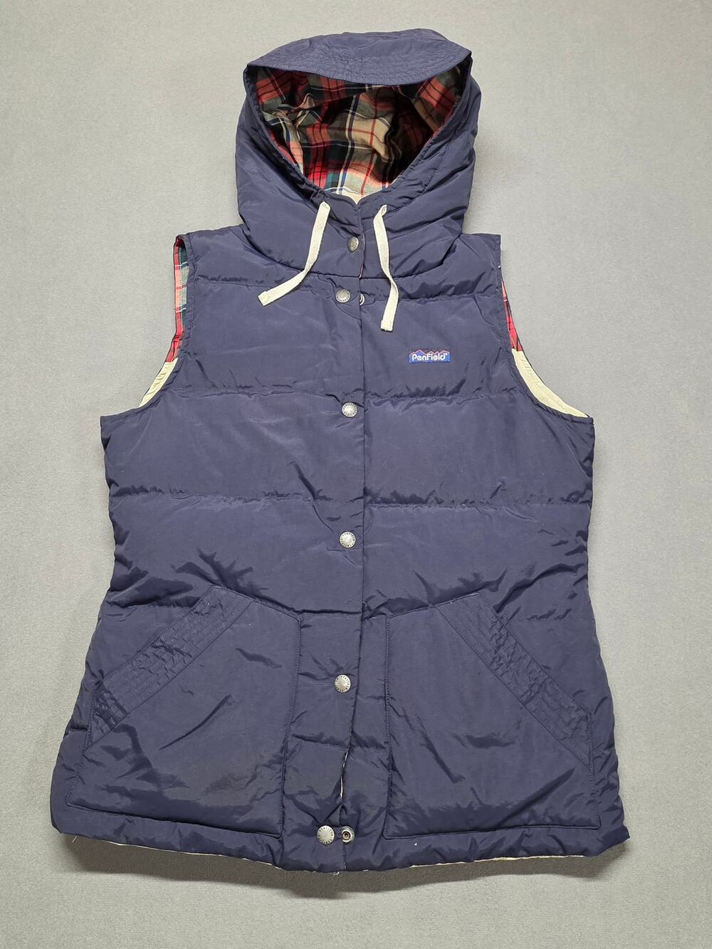 Penfield Duck Down Feather Vest Hooded Plaid Puffer Blue Mens Medium Pockets
